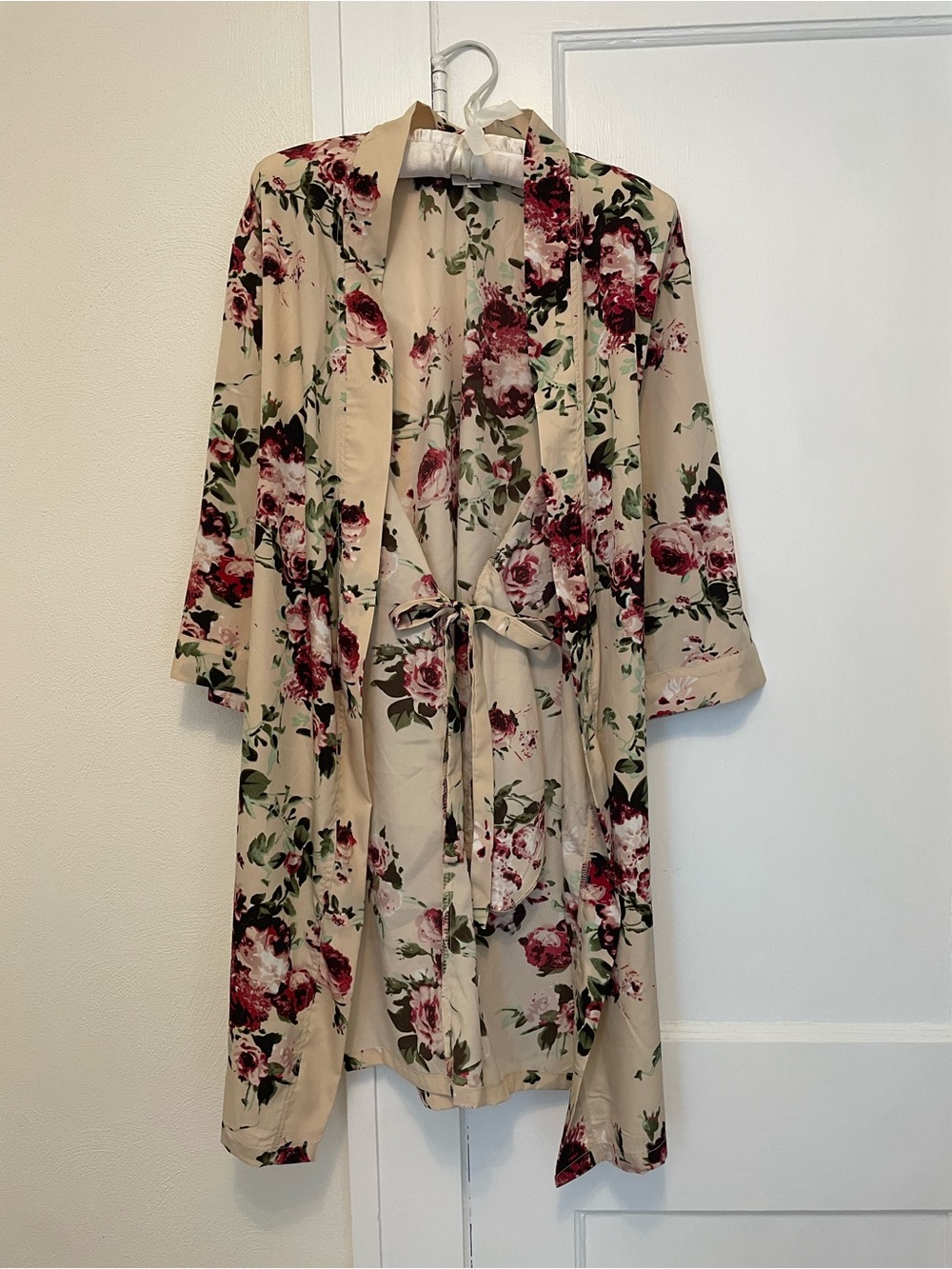 Beige Floral Tie-Waist Kimono Robe - Elegant Loungewear